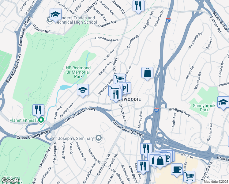 map of restaurants, bars, coffee shops, grocery stores, and more near 570 Mile Square Road in Yonkers