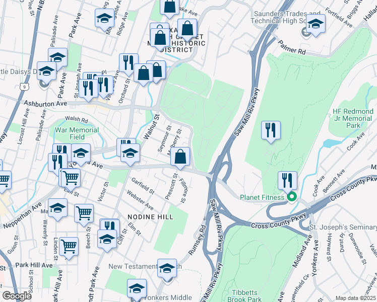 map of restaurants, bars, coffee shops, grocery stores, and more near 364B Ashburton Avenue in Yonkers