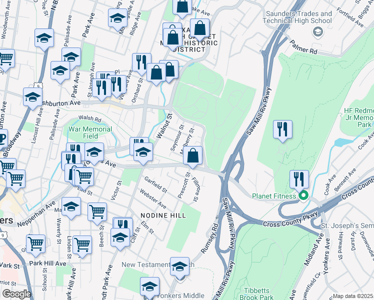 map of restaurants, bars, coffee shops, grocery stores, and more near 16 Mulberry Street in Yonkers