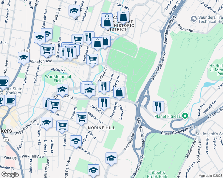 map of restaurants, bars, coffee shops, grocery stores, and more near 16 Mulberry Street in Yonkers