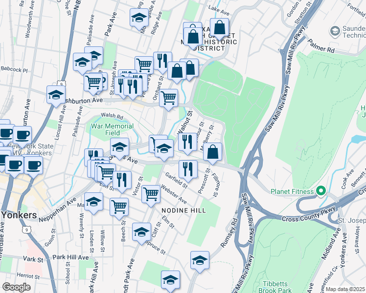 map of restaurants, bars, coffee shops, grocery stores, and more near 11 Seymour Street in Yonkers