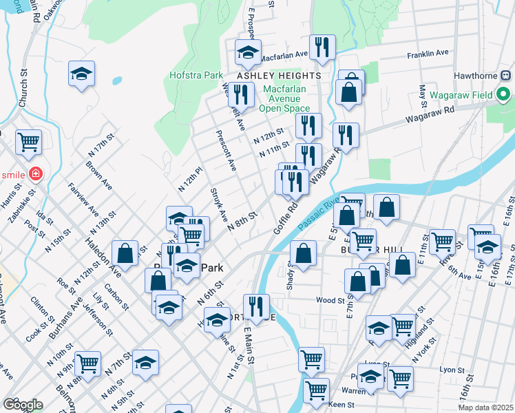 map of restaurants, bars, coffee shops, grocery stores, and more near 19 North 8th Street in Hawthorne
