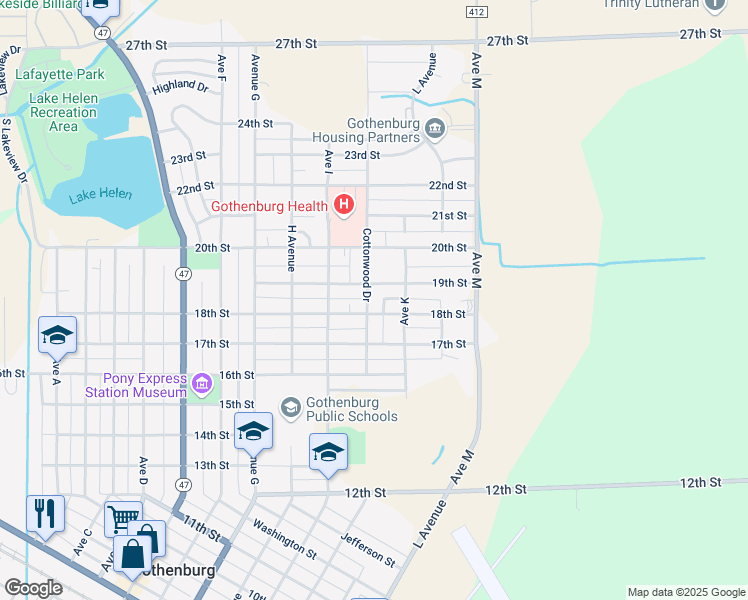 map of restaurants, bars, coffee shops, grocery stores, and more near 1811 Cottonwood Drive in Gothenburg