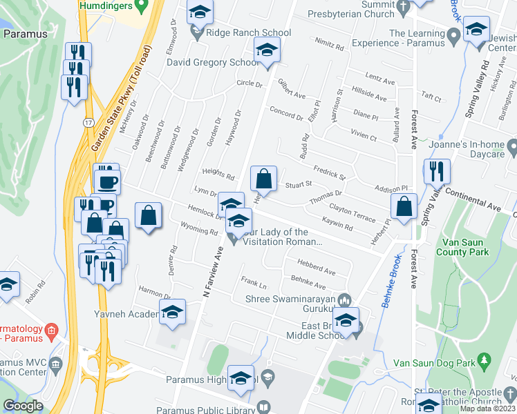 map of restaurants, bars, coffee shops, grocery stores, and more near 127 Henry Street in Paramus