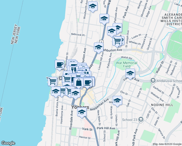 map of restaurants, bars, coffee shops, grocery stores, and more near 72 North Broadway in Yonkers