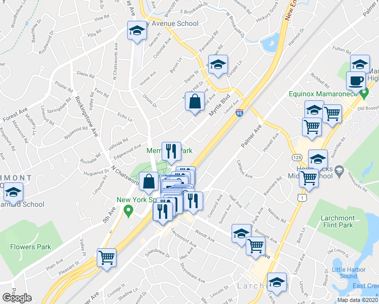map of restaurants, bars, coffee shops, grocery stores, and more near 8 Cabot Road in Larchmont
