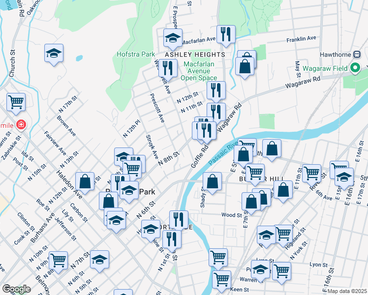 map of restaurants, bars, coffee shops, grocery stores, and more near 19 North 8th Street in Hawthorne