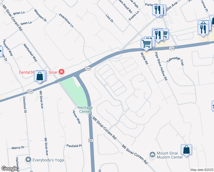 map of restaurants, bars, coffee shops, grocery stores, and more near 177 Constantine Way in Mount Sinai
