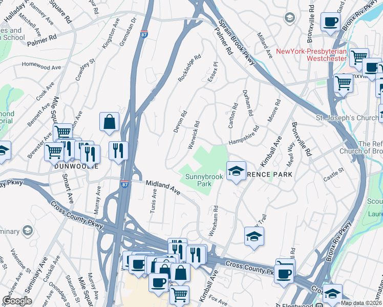 map of restaurants, bars, coffee shops, grocery stores, and more near 36 Warwick Road in Yonkers