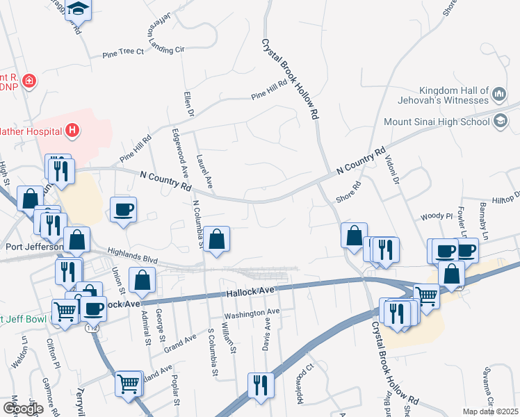 map of restaurants, bars, coffee shops, grocery stores, and more near 1 Gladysz Way in Port Jefferson