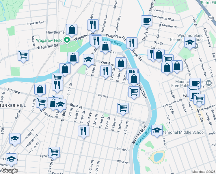 map of restaurants, bars, coffee shops, grocery stores, and more near 110 East 23rd Street in Paterson