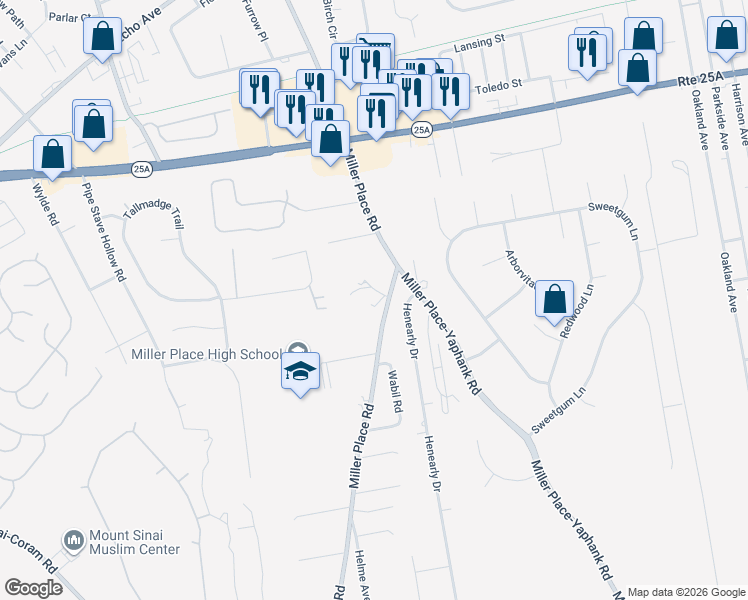 map of restaurants, bars, coffee shops, grocery stores, and more near 186 Miller Place Road in Miller Place