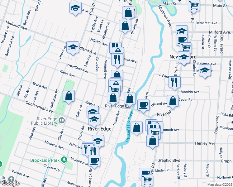 map of restaurants, bars, coffee shops, grocery stores, and more near 830 Kinderkamack Road in River Edge