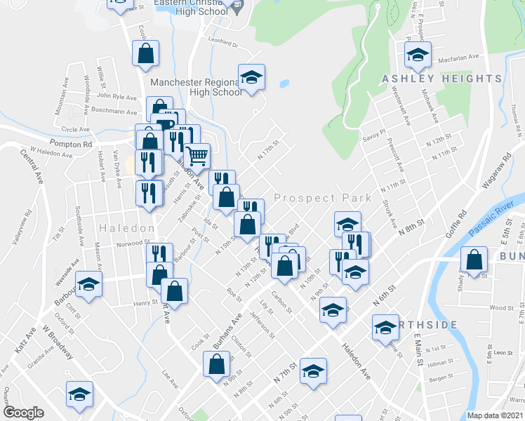 map of restaurants, bars, coffee shops, grocery stores, and more near 208 Fairview Avenue in Prospect Park