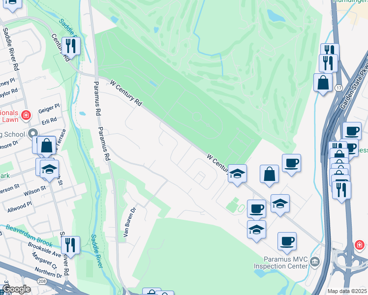 map of restaurants, bars, coffee shops, grocery stores, and more near 17 Scarlet Oak Lane in Paramus