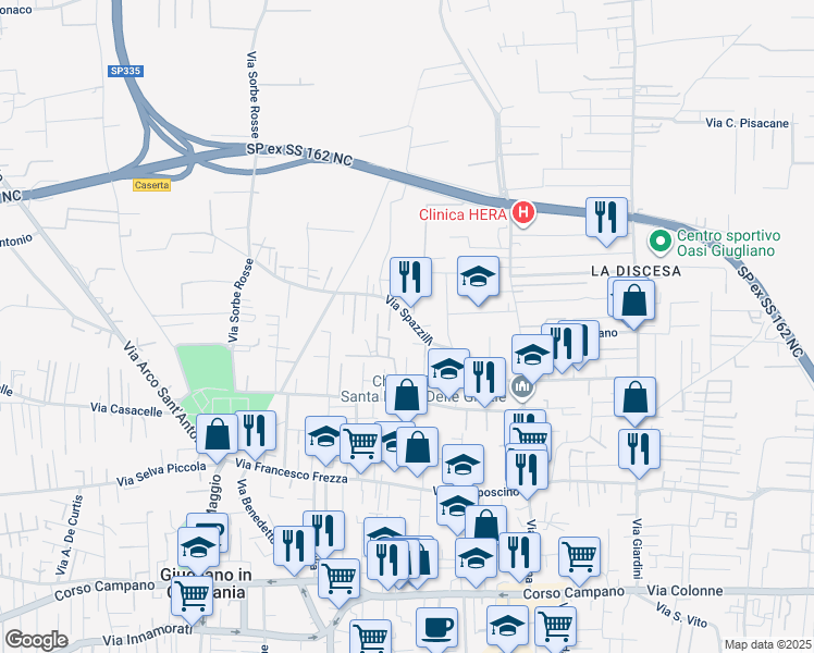 map of restaurants, bars, coffee shops, grocery stores, and more near 39 Via Spazzilli in Giugliano in Campania