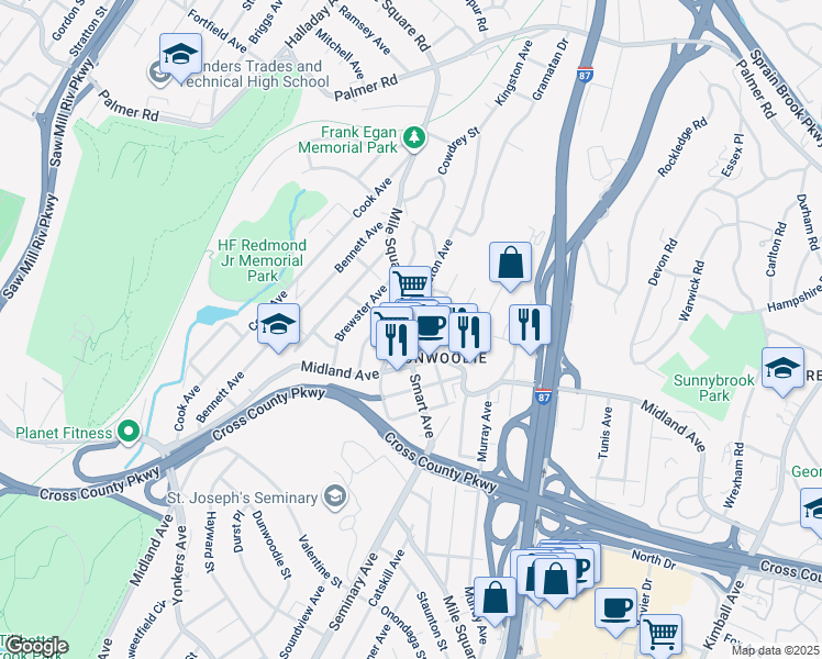 map of restaurants, bars, coffee shops, grocery stores, and more near 570 Mile Square Road in Yonkers