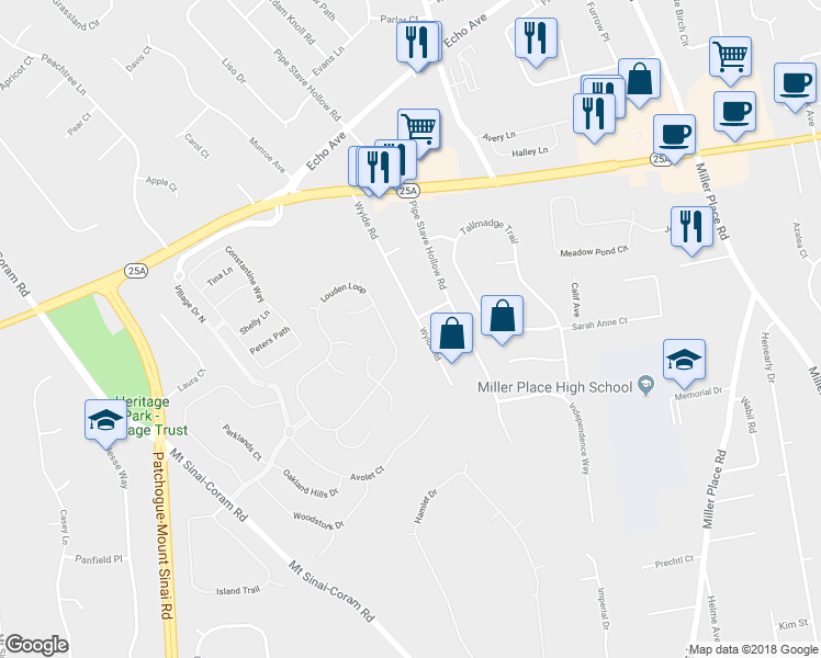 map of restaurants, bars, coffee shops, grocery stores, and more near 60 Wylde Road in Mount Sinai