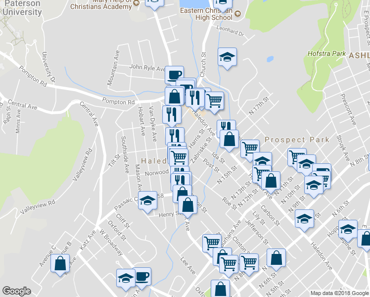 map of restaurants, bars, coffee shops, grocery stores, and more near 21 Harris St in Haledon