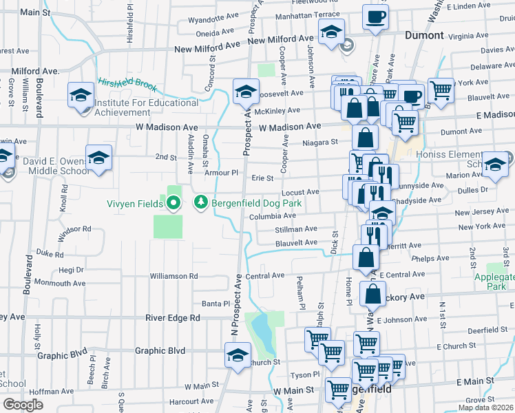 map of restaurants, bars, coffee shops, grocery stores, and more near 14 Fern Avenue in Dumont