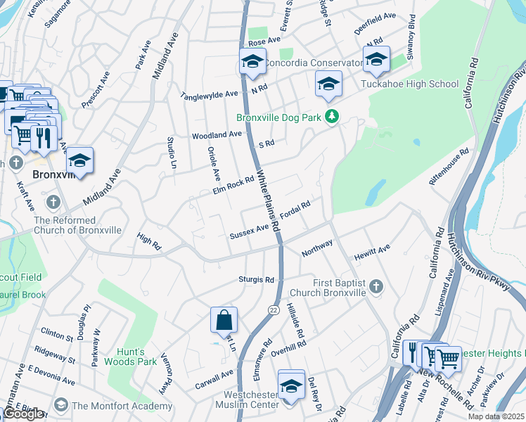 map of restaurants, bars, coffee shops, grocery stores, and more near 10 Sherman Avenue in Bronxville