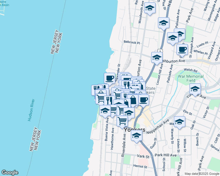 map of restaurants, bars, coffee shops, grocery stores, and more near 1 Alexander Street in Yonkers