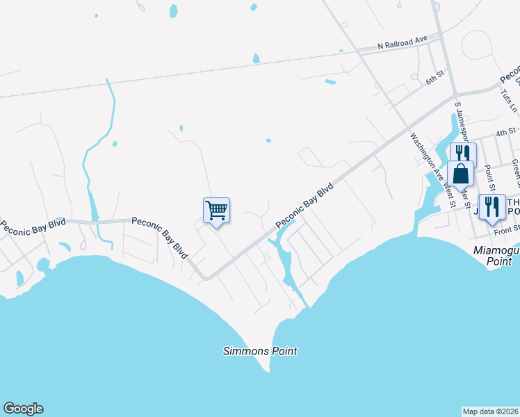 map of restaurants, bars, coffee shops, grocery stores, and more near 33 Lagoon Court West in Riverhead