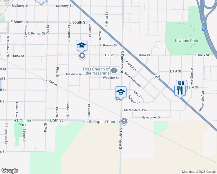 map of restaurants, bars, coffee shops, grocery stores, and more near 1401-1499 Clay Street in Galesburg