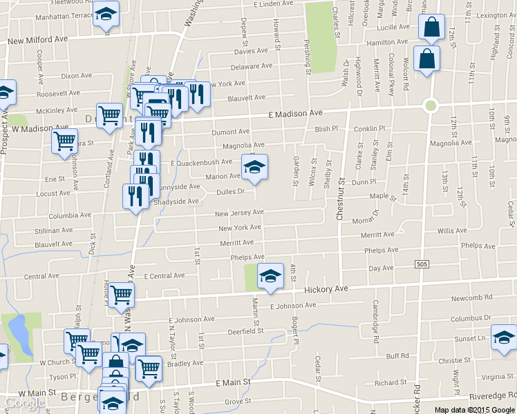 map of restaurants, bars, coffee shops, grocery stores, and more near 143 New Jersey Avenue in Bergenfield