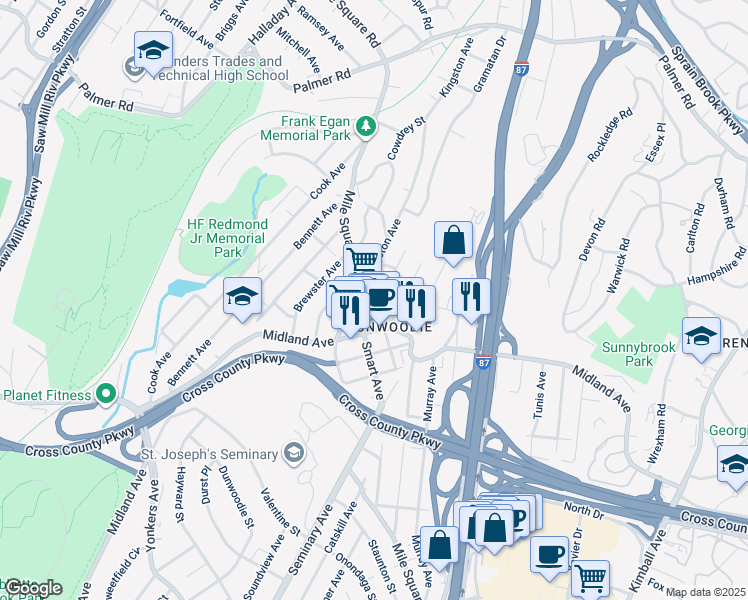map of restaurants, bars, coffee shops, grocery stores, and more near 570 Mile Square Road in Yonkers