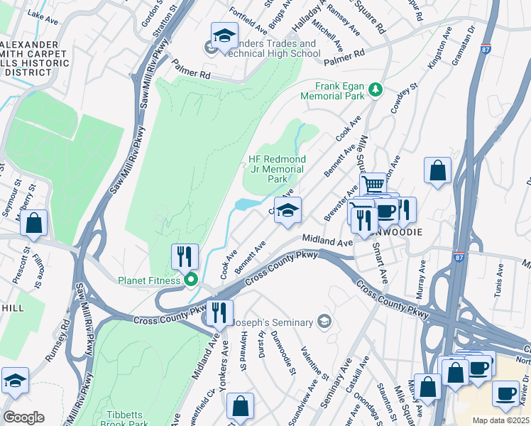 map of restaurants, bars, coffee shops, grocery stores, and more near 100 Cook Avenue in Yonkers