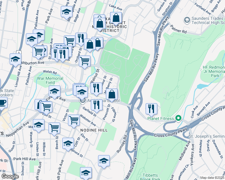 map of restaurants, bars, coffee shops, grocery stores, and more near 16 Mulberry Street in Yonkers