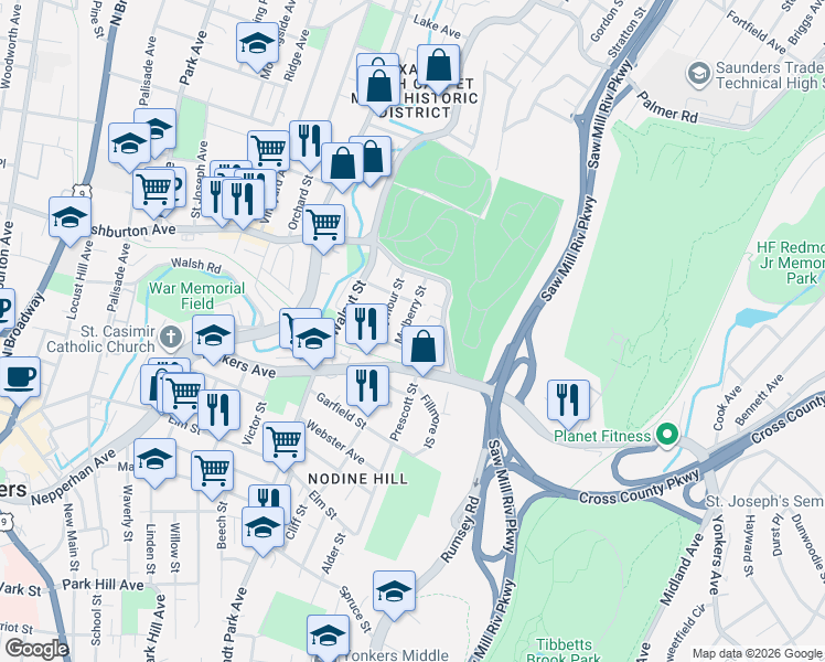 map of restaurants, bars, coffee shops, grocery stores, and more near 16 Mulberry Street in Yonkers