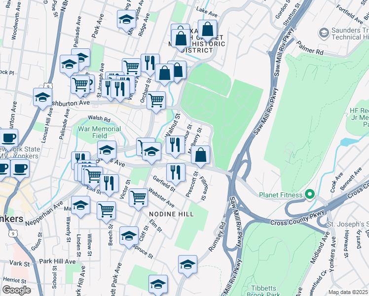 map of restaurants, bars, coffee shops, grocery stores, and more near 11 Seymour Street in Yonkers