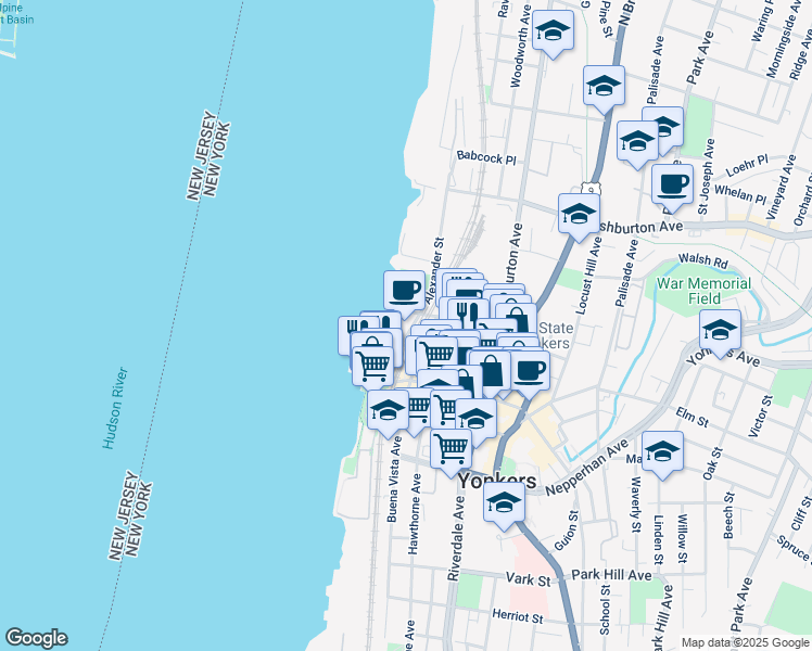 map of restaurants, bars, coffee shops, grocery stores, and more near 5 Buena Vista Avenue in Yonkers