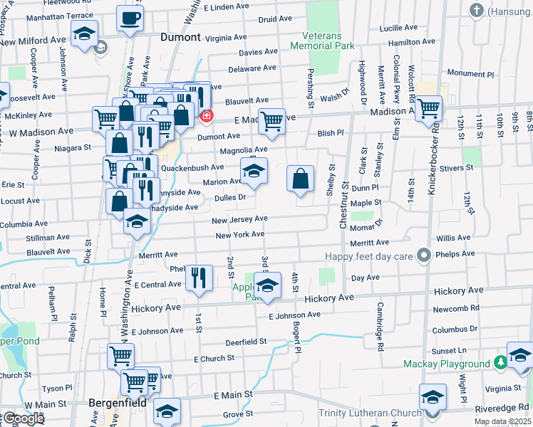 map of restaurants, bars, coffee shops, grocery stores, and more near 143 New Jersey Avenue in Bergenfield