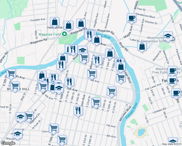 map of restaurants, bars, coffee shops, grocery stores, and more near 117 Madison Avenue in Paterson