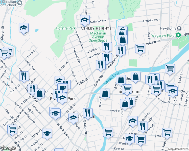 map of restaurants, bars, coffee shops, grocery stores, and more near 19 North 8th Street in Hawthorne