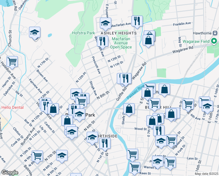 map of restaurants, bars, coffee shops, grocery stores, and more near 19 North 8th Street in Hawthorne