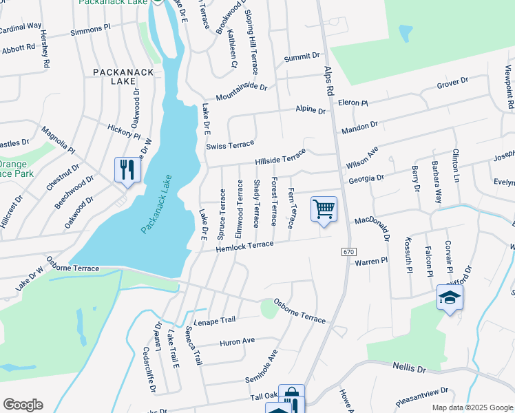 map of restaurants, bars, coffee shops, grocery stores, and more near 46 Elmwood Terrace in Wayne