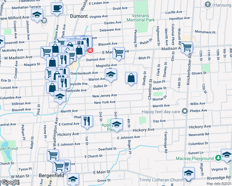 map of restaurants, bars, coffee shops, grocery stores, and more near 143 New Jersey Avenue in Bergenfield