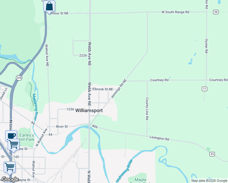 map of restaurants, bars, coffee shops, grocery stores, and more near 11501 Jennings Road Northeast in Alliance