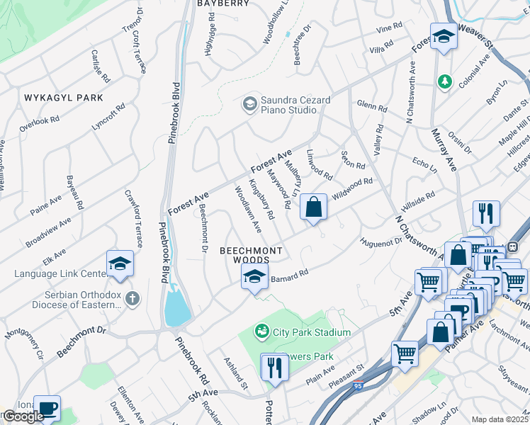 map of restaurants, bars, coffee shops, grocery stores, and more near 44 Kingsbury Road in New Rochelle