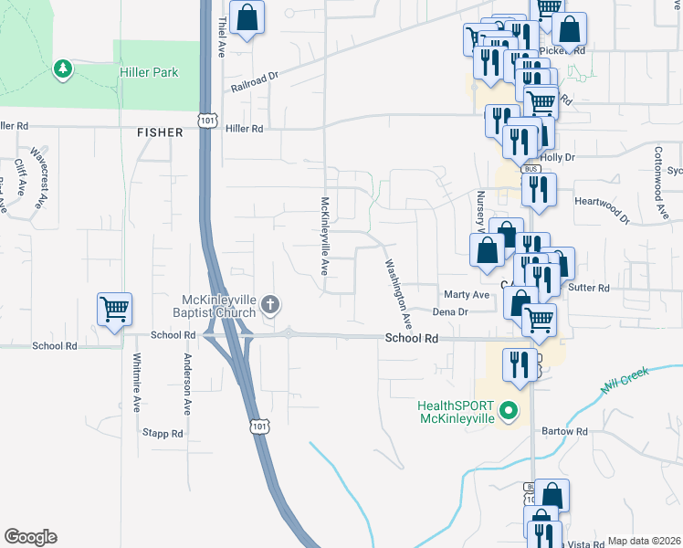 map of restaurants, bars, coffee shops, grocery stores, and more near 1717 McKinleyville Avenue in McKinleyville
