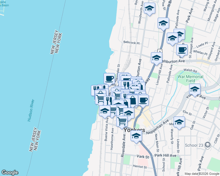 map of restaurants, bars, coffee shops, grocery stores, and more near 1 Alexander Street in Yonkers