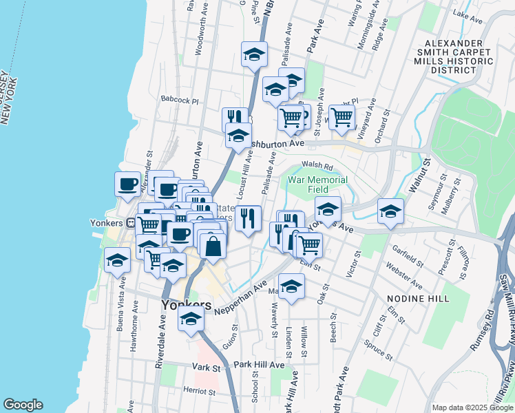 map of restaurants, bars, coffee shops, grocery stores, and more near 93 Palisade Avenue in Yonkers