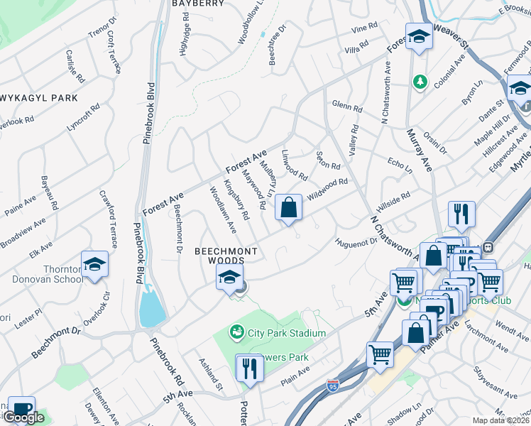 map of restaurants, bars, coffee shops, grocery stores, and more near 21 Maywood Road in New Rochelle