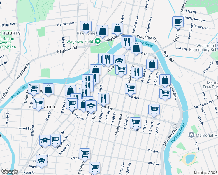 map of restaurants, bars, coffee shops, grocery stores, and more near 65 East 17th Street in Paterson