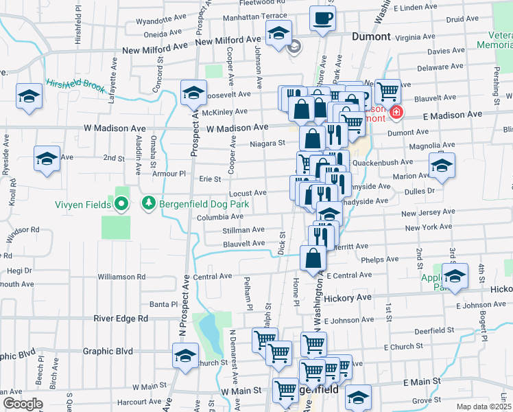 map of restaurants, bars, coffee shops, grocery stores, and more near 19 Bergman Terrace in Dumont