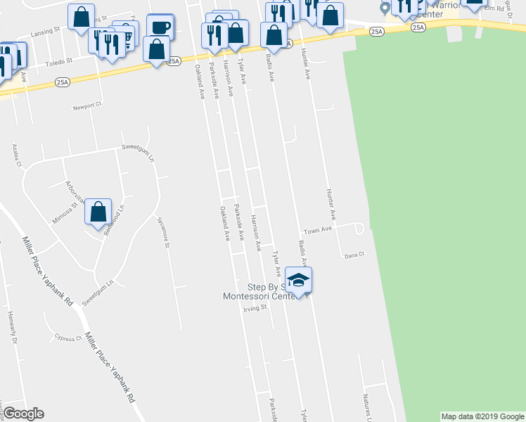 map of restaurants, bars, coffee shops, grocery stores, and more near 256 Tyler Avenue in Miller Place